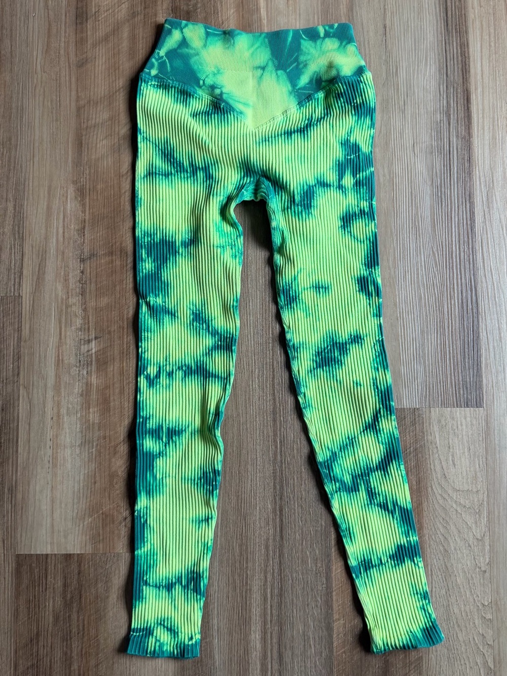 Bombshell Sportswear Neon Green and Teal Tie-Dye Ribbed Leggings